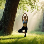 ** A peaceful forest clearing bathed in morning light. A woman practices yoga, specifically the tree pose (Vrksasana), with dew-kissed grass and a sense of tranquility and connection to nature. Focus on the serene atmosphere.

**