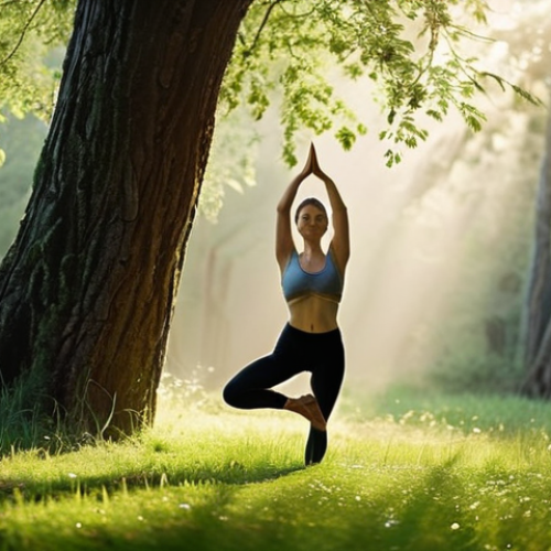 Home 4 ** A peaceful forest clearing bathed in morning light. A woman practices yoga, specifically the tree pose (Vrksasana), with dew-kissed grass and a sense of tranquility and connection to nature. Focus on the serene atmosphere.
**