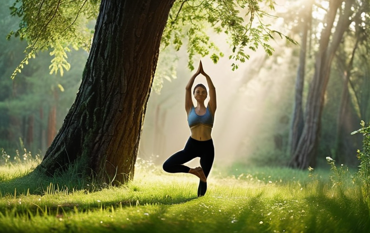 ** A peaceful forest clearing bathed in morning light. A woman practices yoga, specifically the tree pose (Vrksasana), with dew-kissed grass and a sense of tranquility and connection to nature. Focus on the serene atmosphere.

**